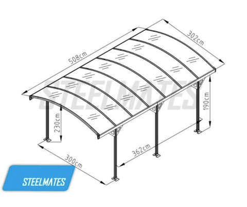 3m x 5m Extra High Aluminium Outdoor Canopy Car Port 8MM ANTI-UV Panels