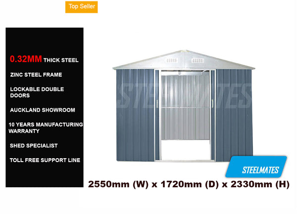 Garden Shed 2.55m x 1.72m Gable Roof with Slide Door  Colour: Grey